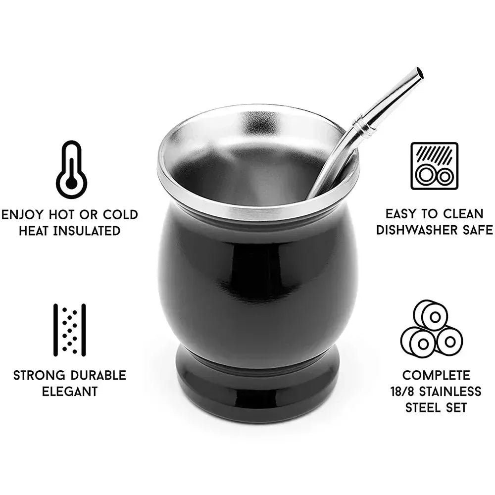 Thermabuild | Stainless Steel Yerba Mate Gourd Cup Set - Double Walled Vacuum Insulated Tea Mug with Bombilla Straw and Cleaning Brush - Unisex - 8oz Capacity