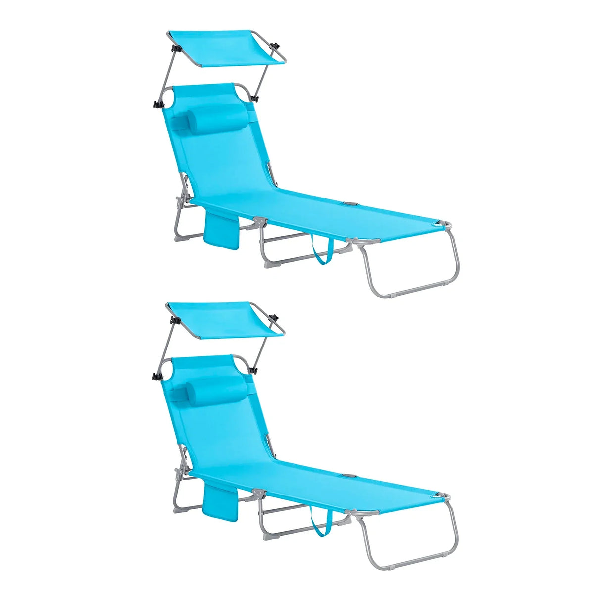 Thermabuild | Set of 2 Outdoor Folding Sun Loungers with Adjustable Canopy and Headrest Pillow - Portable Metal Reclining Garden Chairs for Beach and Yard
