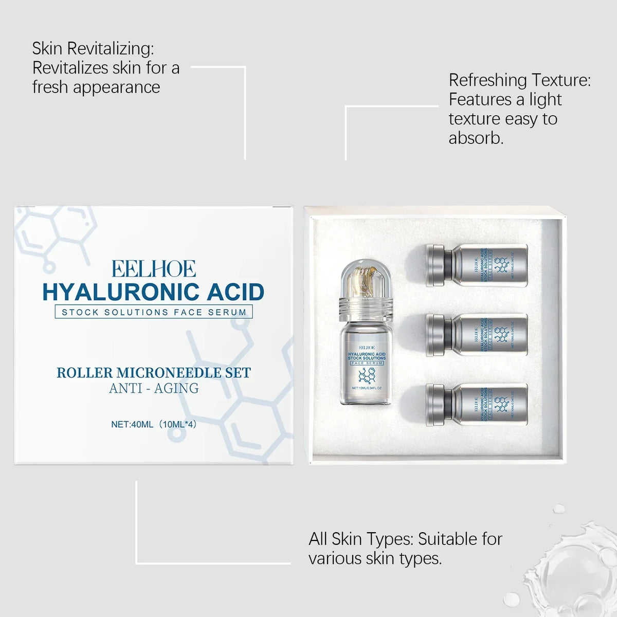Thermabuild | Hyaluronic Acid Face Serum Set with Roller Applicator – 4 x 10ml Moisturizing Serum