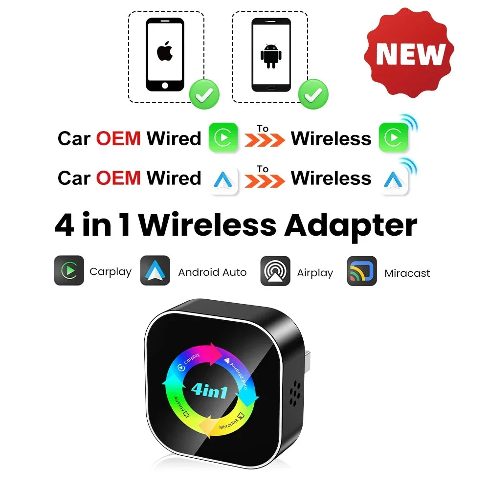 Thermabuild | 4-in-1 Wireless CarPlay and Android Auto Adapter - Bluetooth WiFi Dongle with AirPlay Mirror Link for Wired Factory Head Units - Universal