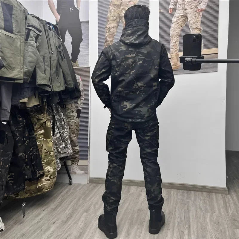 Thermabuild | Men's Military Tactical Uniform Set - Hooded Soft Shell Hunting Jacket with Breathable Long Sleeve Shirt and Multi-Pocket Cargo Pants - Unisex