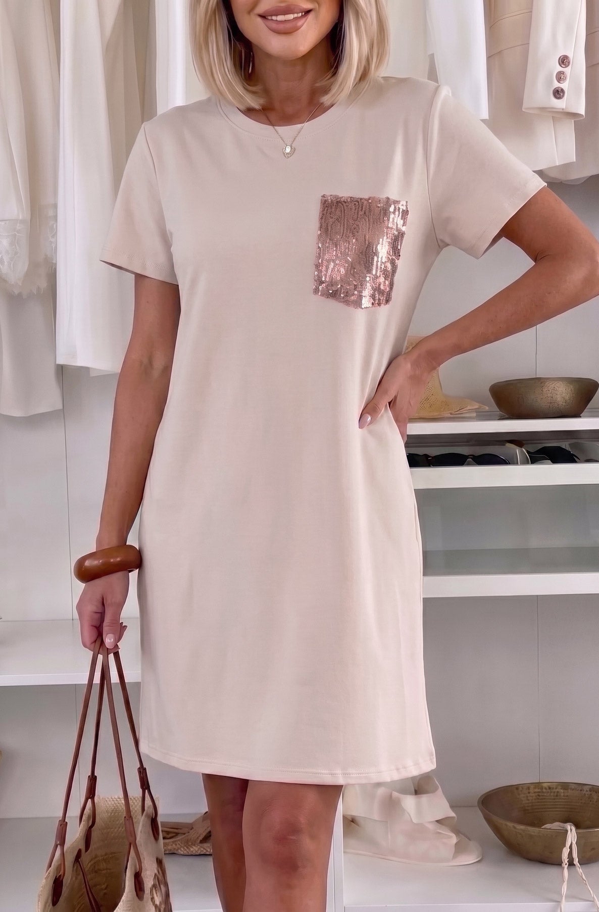 Thermabuild | Verona Sequin Oversized Side Pockets T-Shirt Dress Top
