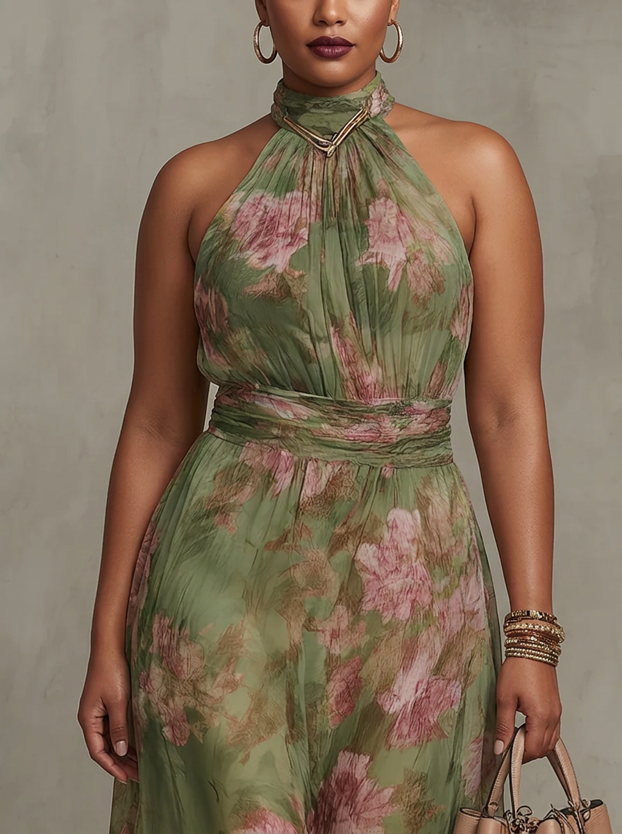 Thermabuild | Green Floral Chiffon Halter Maxi Dress