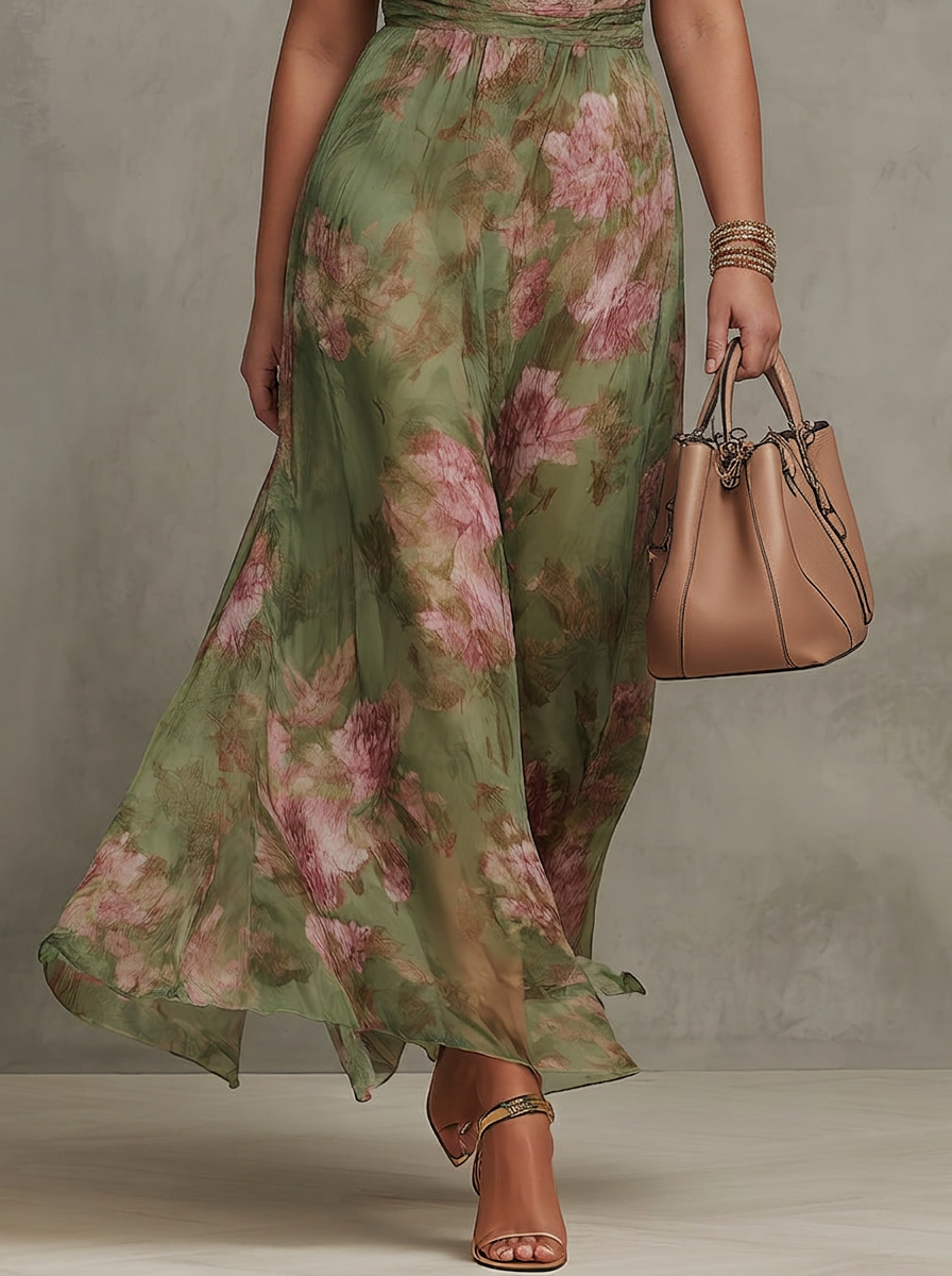 Thermabuild | Green Floral Chiffon Halter Maxi Dress
