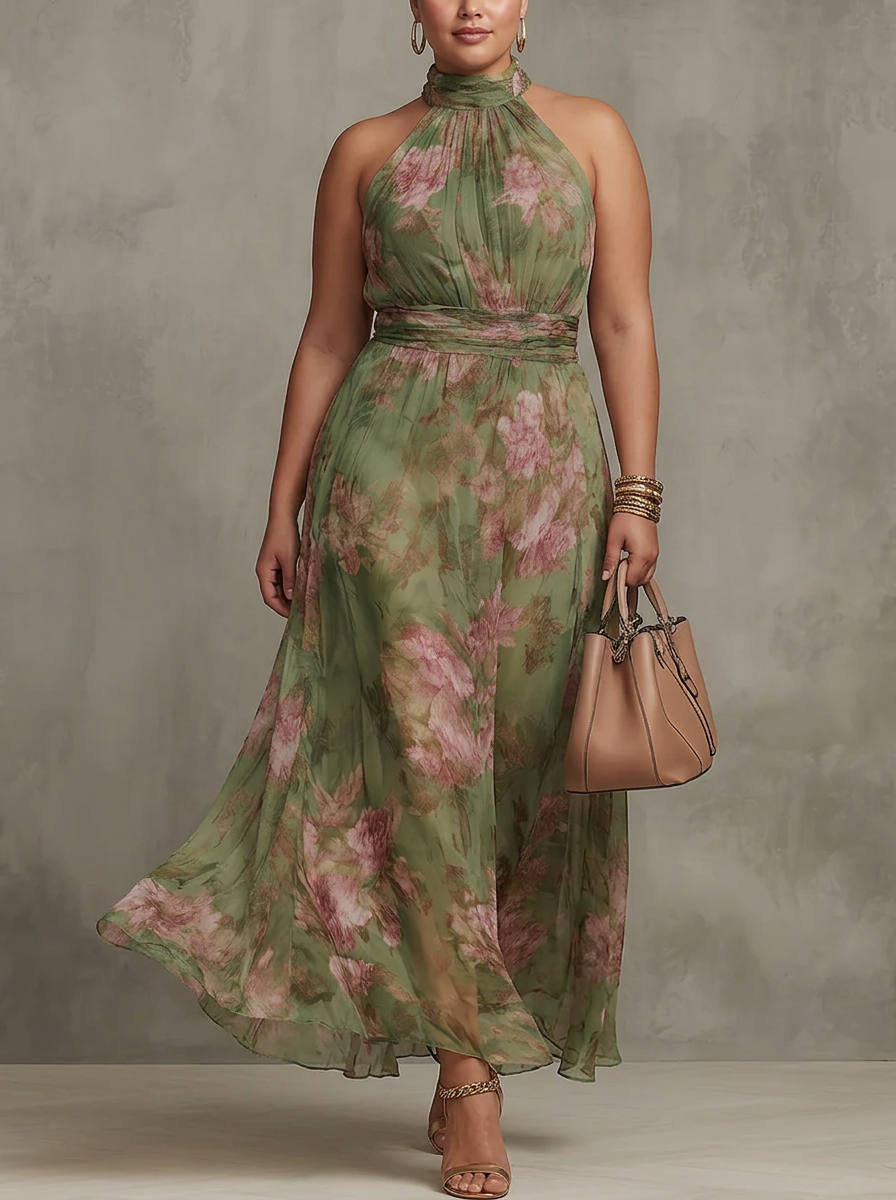 Thermabuild | Green Floral Chiffon Halter Maxi Dress