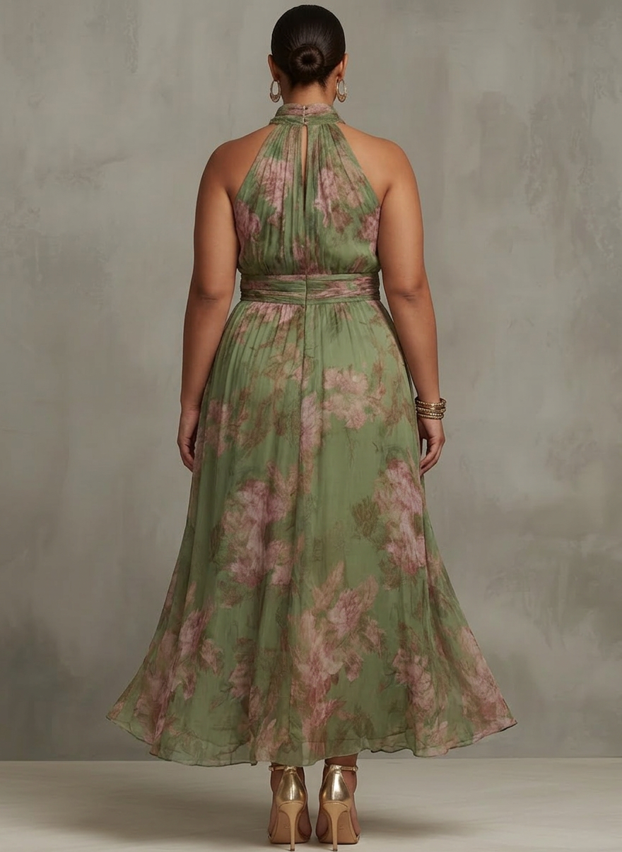 Thermabuild | Green Floral Chiffon Halter Maxi Dress