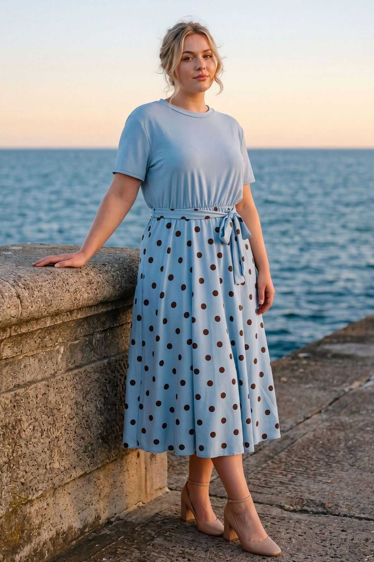 Thermabuild | Polka Dot Print Elastic Waist Tie Belt Dress