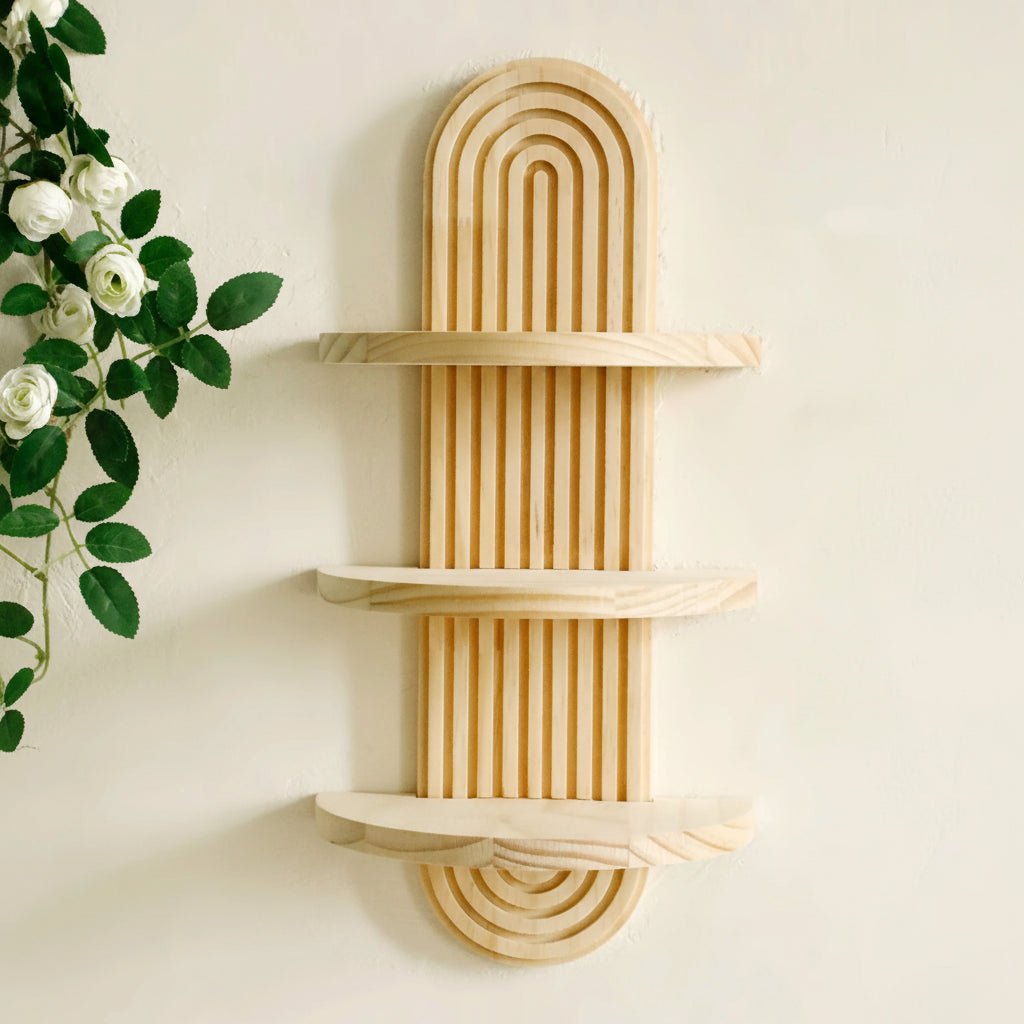 Thermabuild | Boho Geometric Wooden Floating Shelves for Stylish Wall Storage