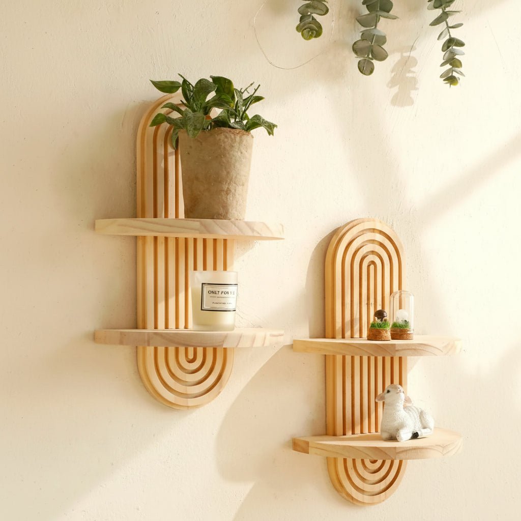 Thermabuild | Boho Geometric Wooden Floating Shelves for Stylish Wall Storage