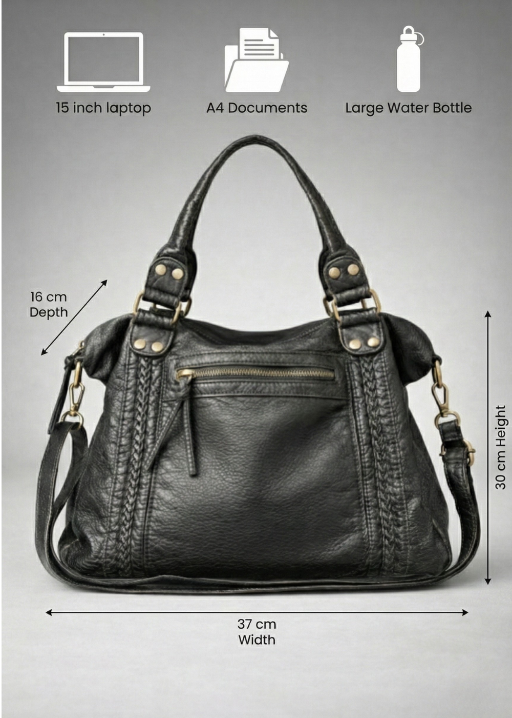Thermabuild | black handbag for school with an exterior zipper pocket
