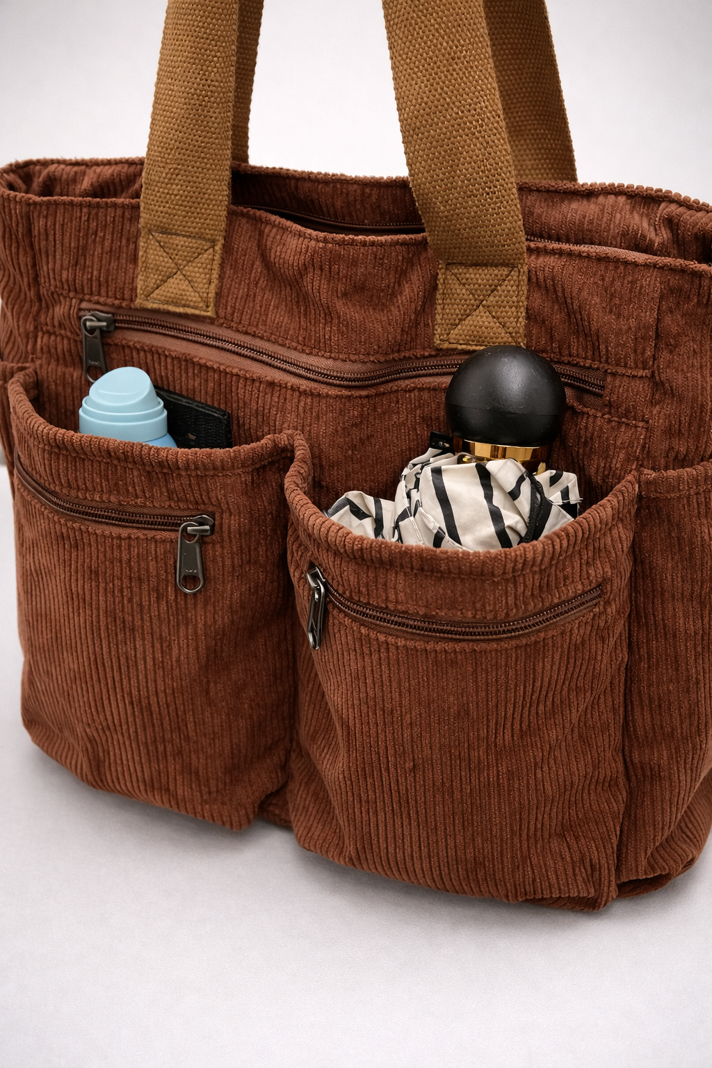 Thermabuild | Brown Corduroy Multi-Pocket University Tote Bag – 36×28×14 cm