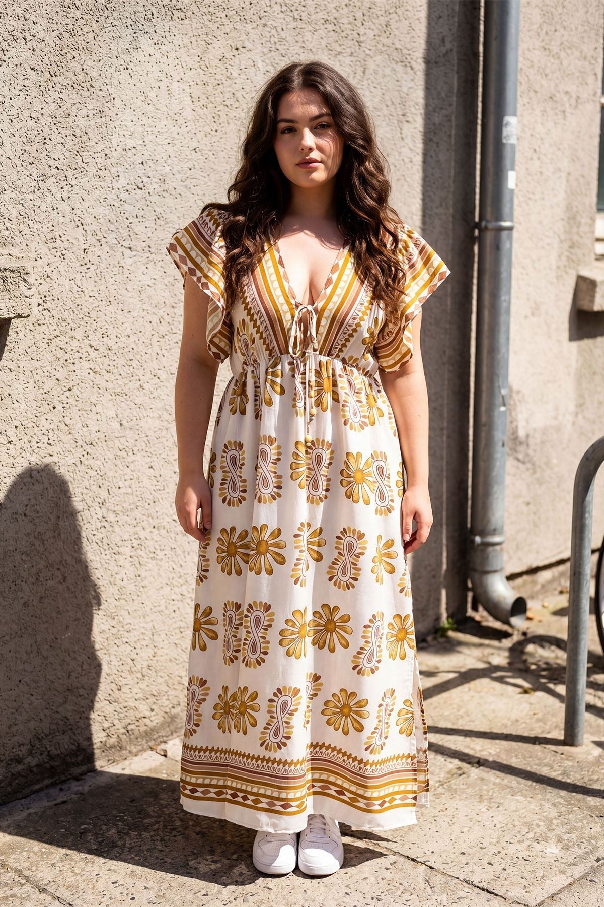 Thermabuild | Geometric Floral Print Empire Waist Cotton Dress