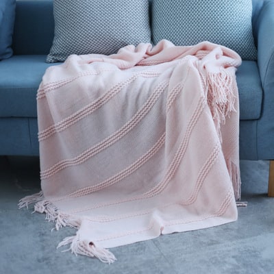Thermabuild | Chunky Knit Throw Blanket with Textured Stripes and Tassel Fringe