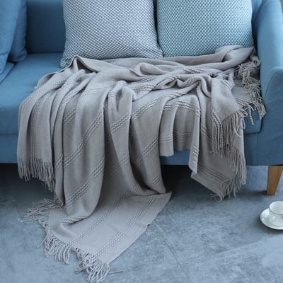 Thermabuild | Chunky Knit Throw Blanket with Textured Stripes and Tassel Fringe