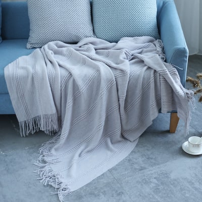 Thermabuild | Chunky Knit Throw Blanket with Textured Stripes and Tassel Fringe