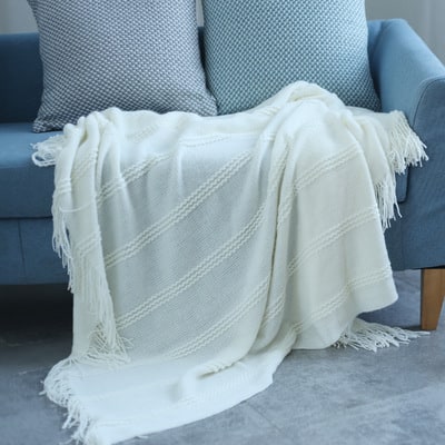 Thermabuild | Chunky Knit Throw Blanket with Textured Stripes and Tassel Fringe