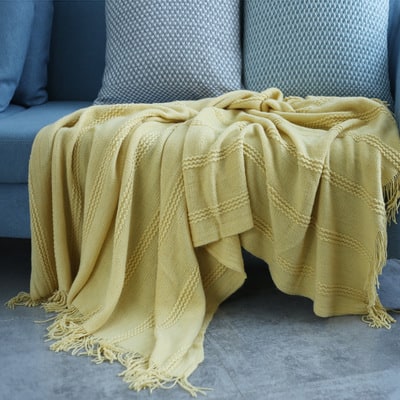 Thermabuild | Chunky Knit Throw Blanket with Textured Stripes and Tassel Fringe