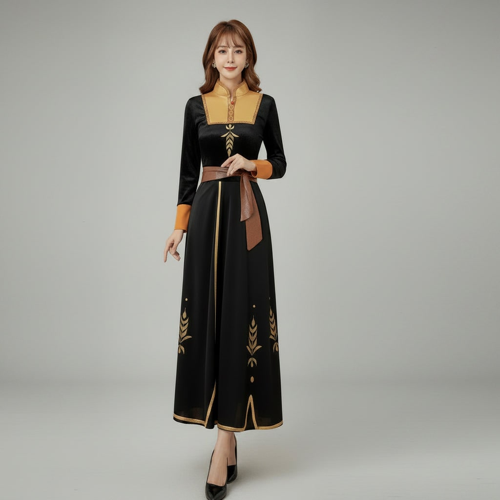 Thermabuild | Halloween Anna Adult Princess Costume Dress with Cape Wheat Embroidery and Mandarin Collar