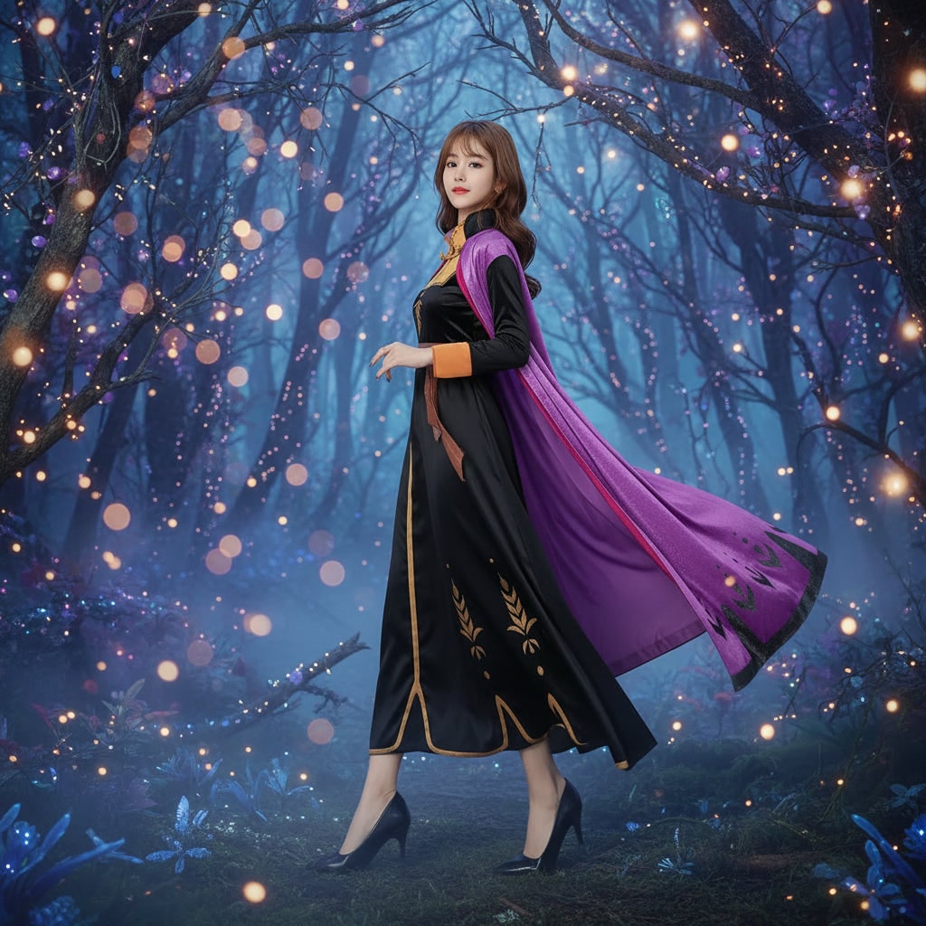 Thermabuild | Halloween Anna Adult Princess Costume Dress with Cape Wheat Embroidery and Mandarin Collar
