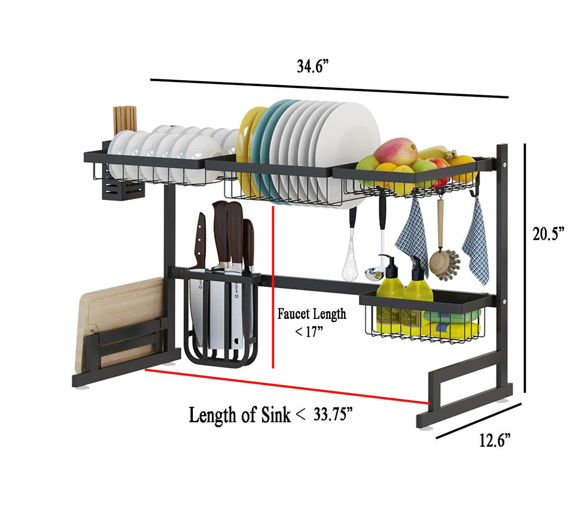Thermabuild | 34.6" Stainless Steel Black Dish Drying Rack Over Kitchen Sink, Dishes and Utensils Draining Shelf