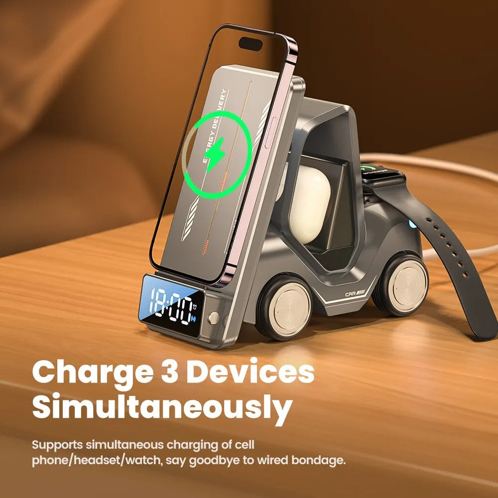 Thermabuild | 5-in-1 Forklift Design Wireless Charger with Alarm Clock and Night Light