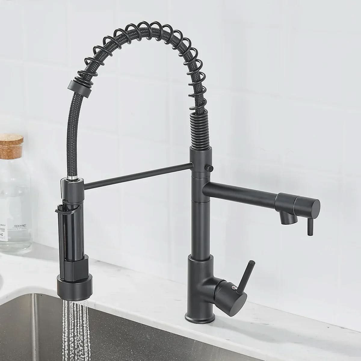 Thermabuild | DualFlow Kitchen Tap – Black & Gold Brass Faucet with Dual Spout and Single-Lever Control