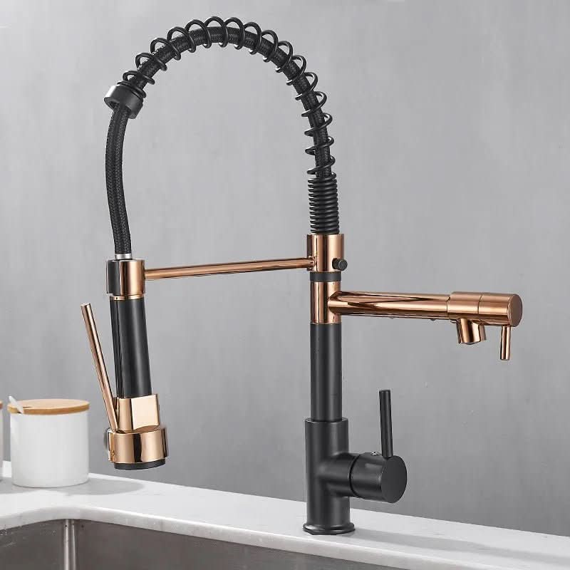 Thermabuild | DualFlow Kitchen Tap – Black & Gold Brass Faucet with Dual Spout and Single-Lever Control