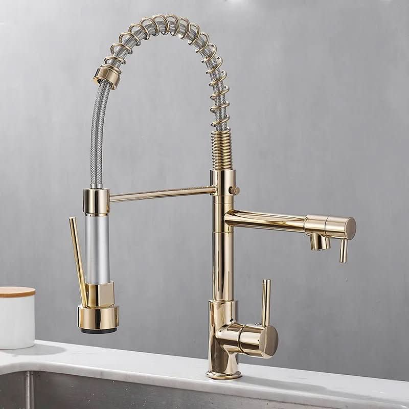Thermabuild | DualFlow Kitchen Tap – Black & Gold Brass Faucet with Dual Spout and Single-Lever Control