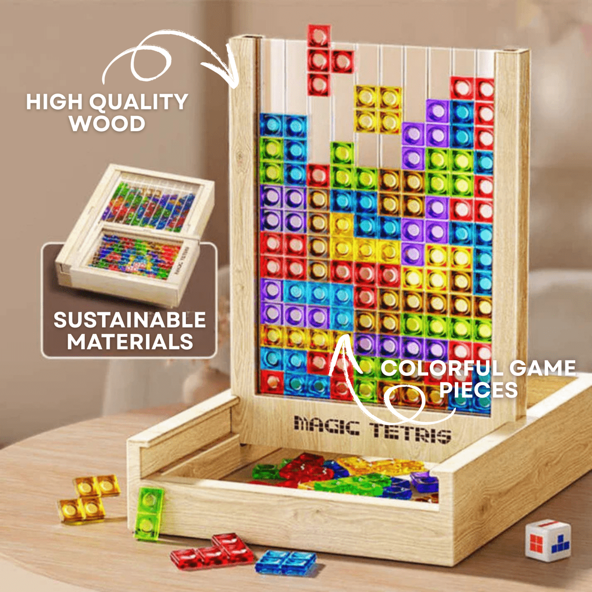 Thermabuild | Ecoblock Tetris Board – Wooden Puzzle Game for Kids and Adults – Sustainable Brain Training Fun