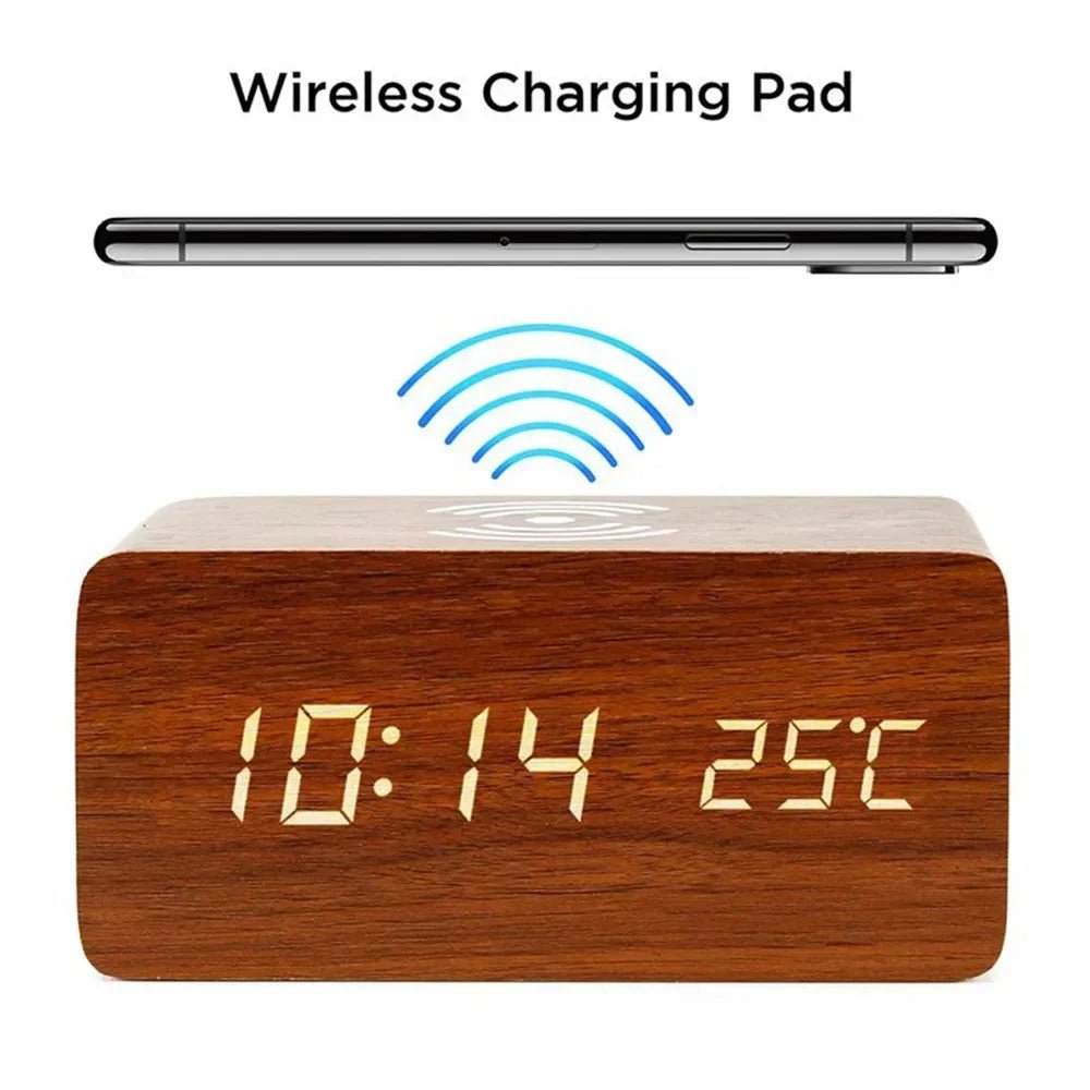 Thermabuild | Wooden LED Alarm Clock with Wireless Charging