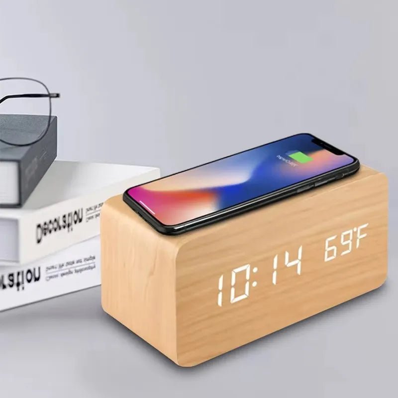 Thermabuild | Wooden LED Alarm Clock with Wireless Charging