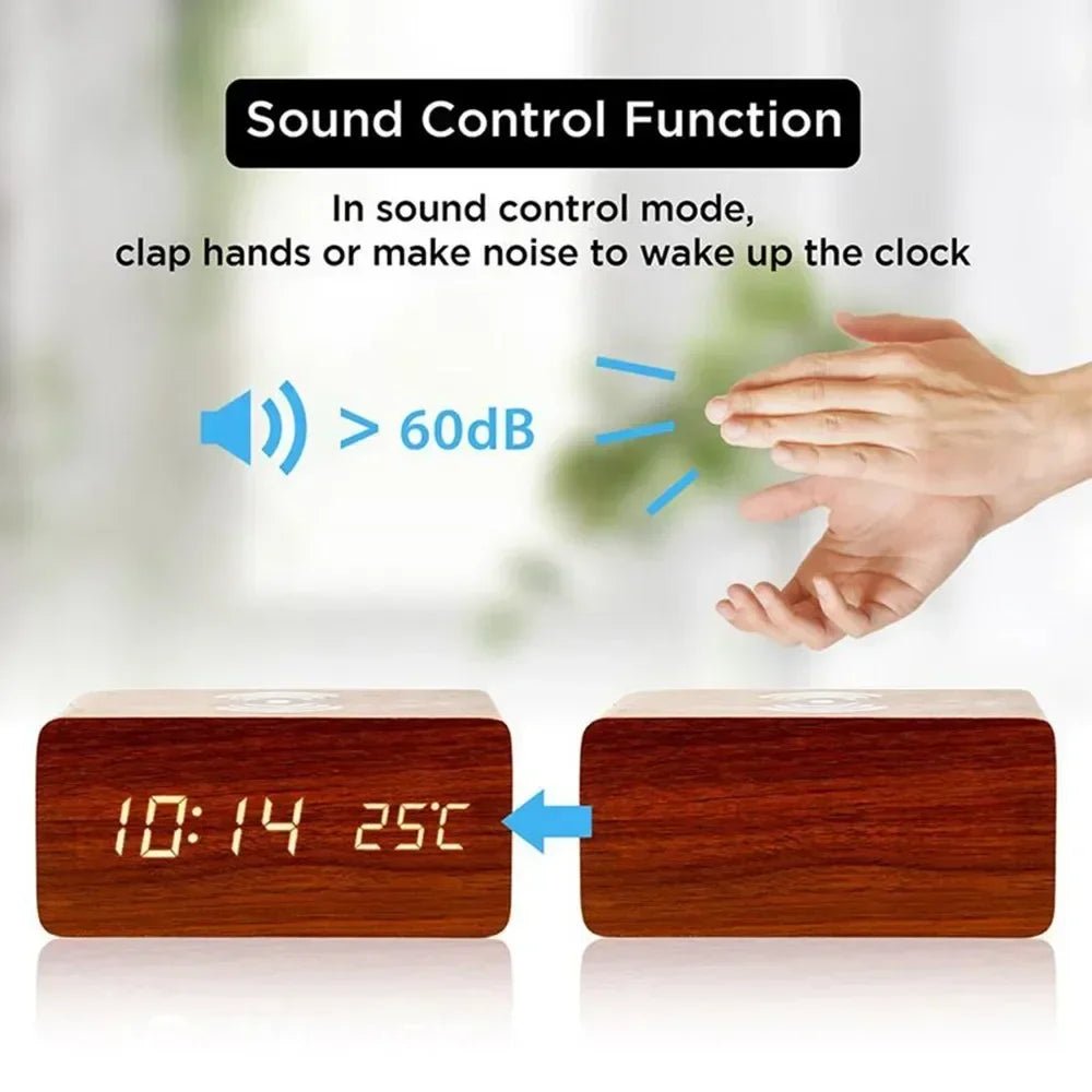 Thermabuild | Wooden LED Alarm Clock with Wireless Charging