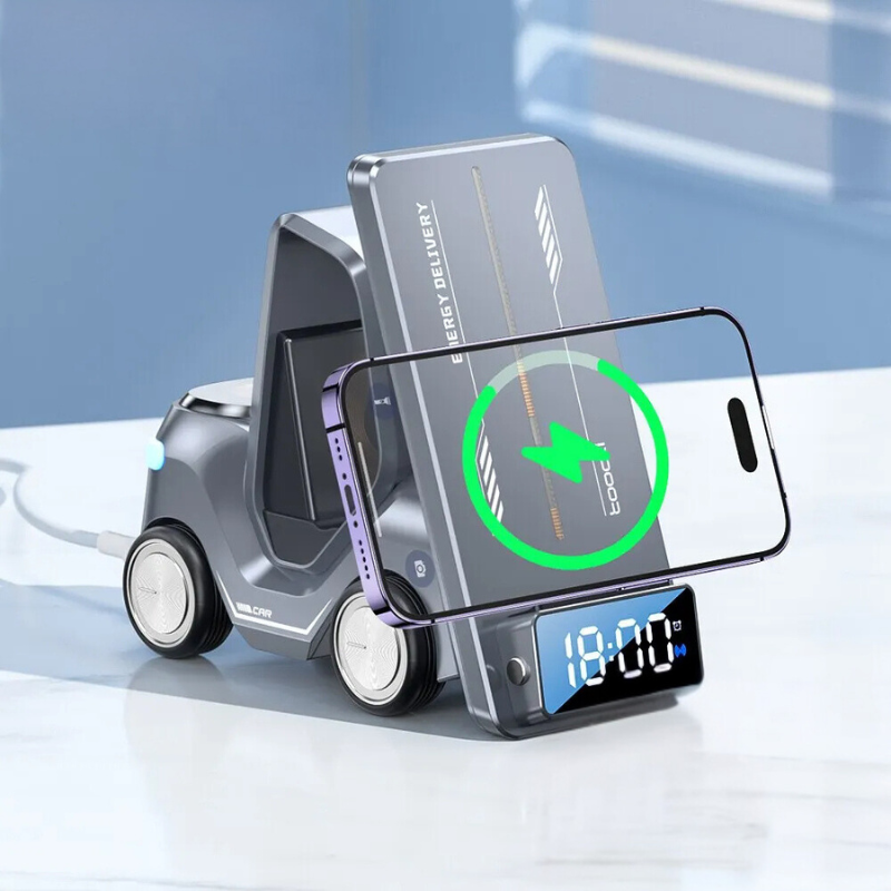 Thermabuild | 5-in-1 Forklift Design Wireless Charger with Alarm Clock and Night Light