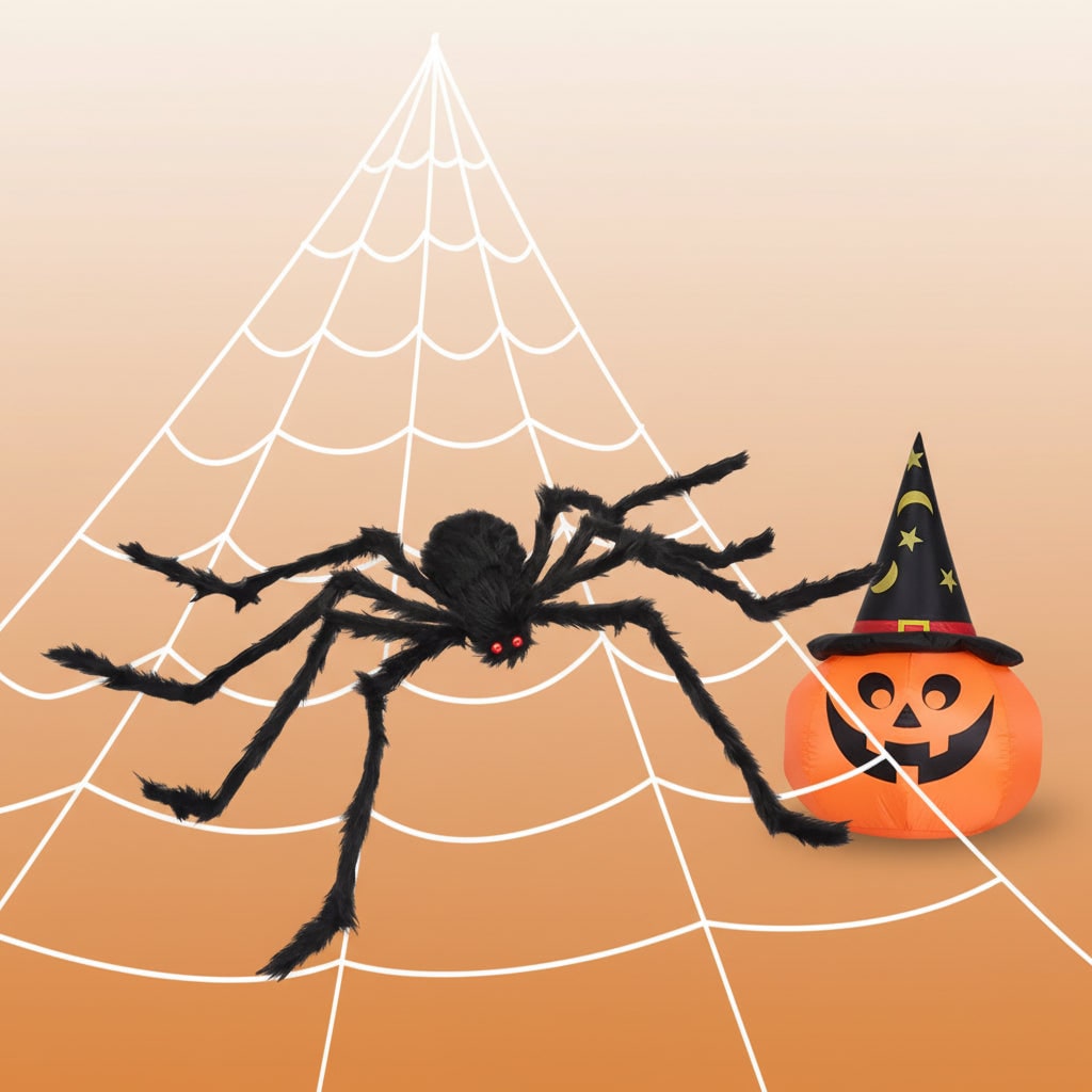 Thermabuild | Halloween Giant Poseable Spider Decoration with Fuzzy Fur Red Eyes and Stretchy Web for Yard Party