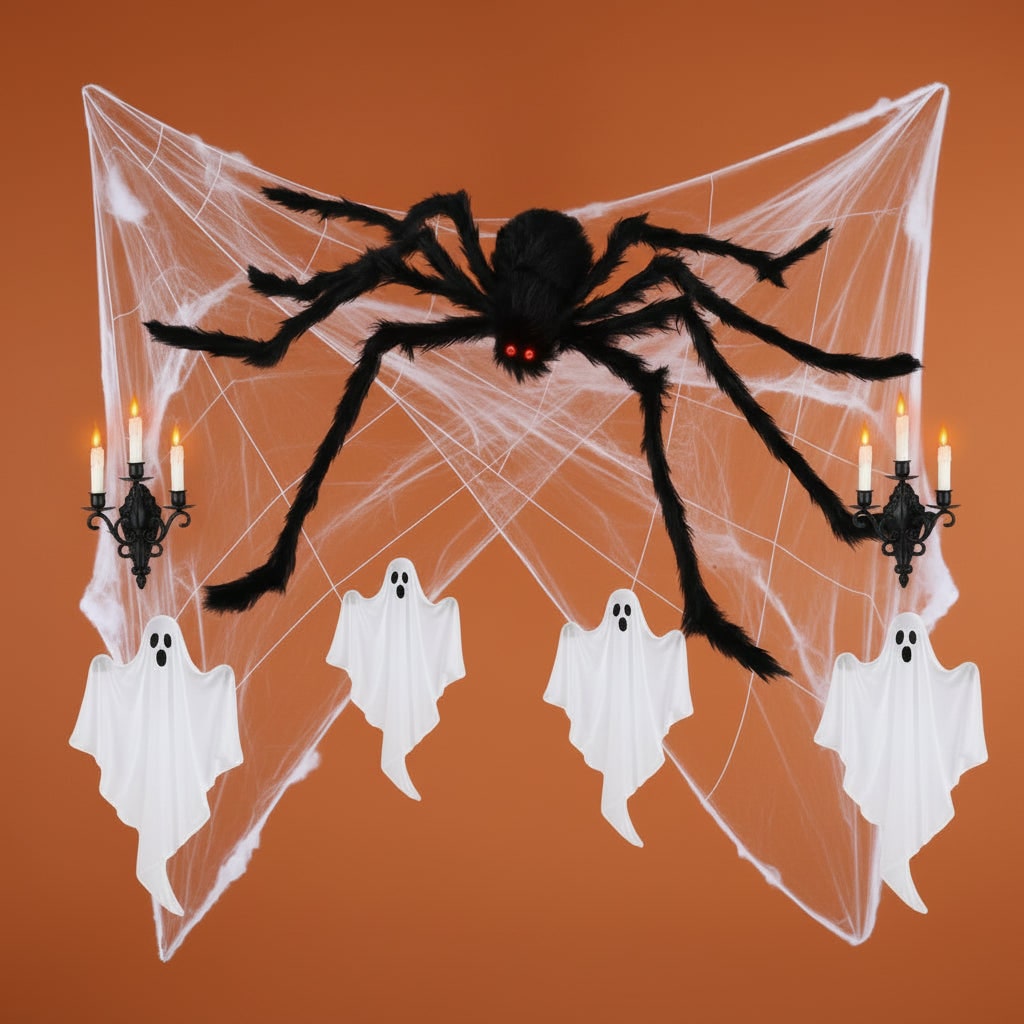 Thermabuild | Halloween Giant Poseable Spider Decoration with Fuzzy Fur Red Eyes and Stretchy Web for Yard Party