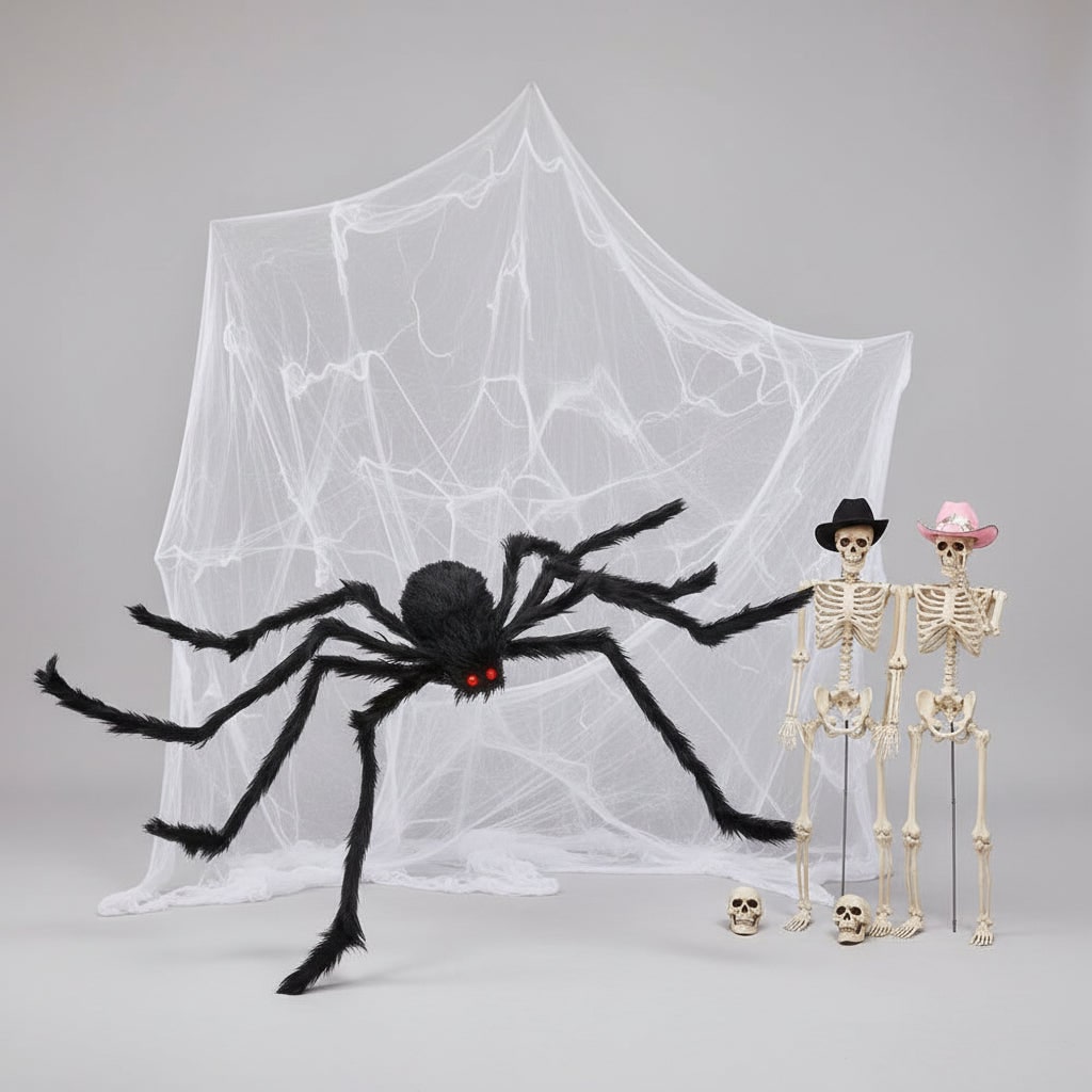 Thermabuild | Halloween Giant Poseable Spider Decoration with Fuzzy Fur Red Eyes and Stretchy Web for Yard Party