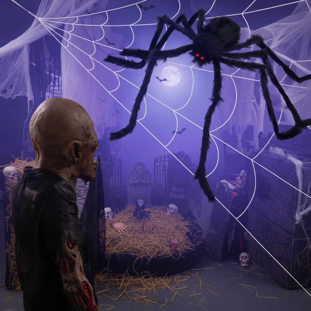 Thermabuild | Halloween Giant Poseable Spider Decoration with Fuzzy Fur Red Eyes and Stretchy Web for Yard Party