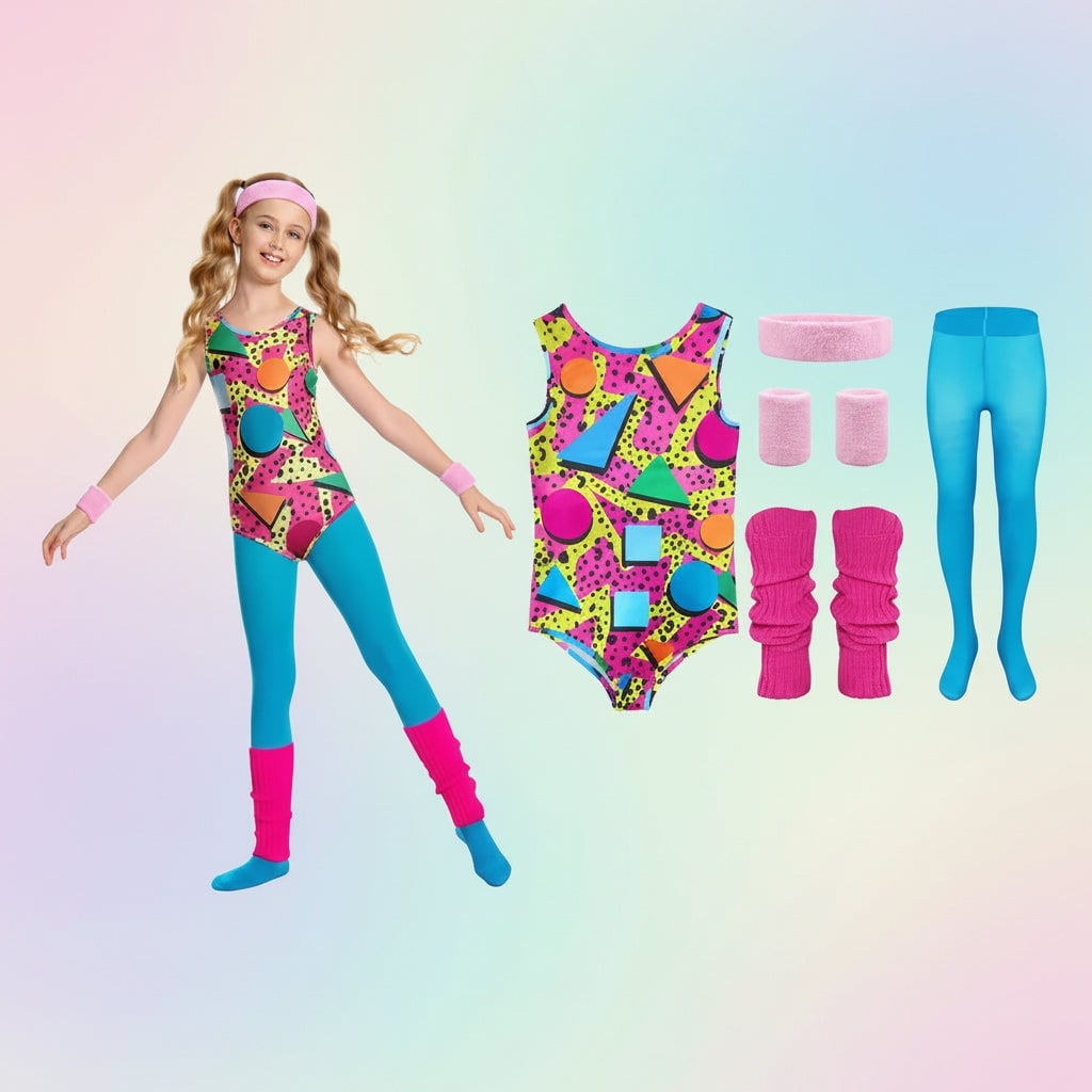 Thermabuild | Girls' Halloween 80s Costume Party Outfit Workout Aerobics Leotard Leggings Leg Warmers Set
