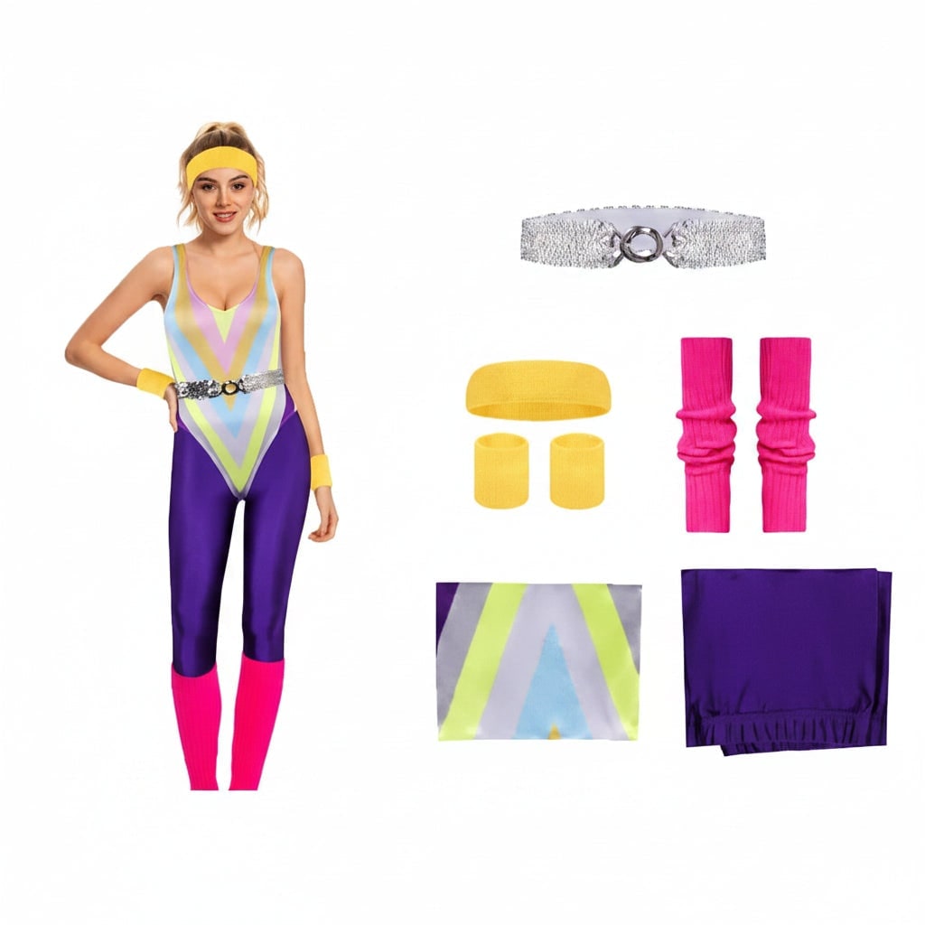 Thermabuild | Girls' Halloween 80s Costume Party Outfit Workout Aerobics Leotard Leggings Leg Warmers Set