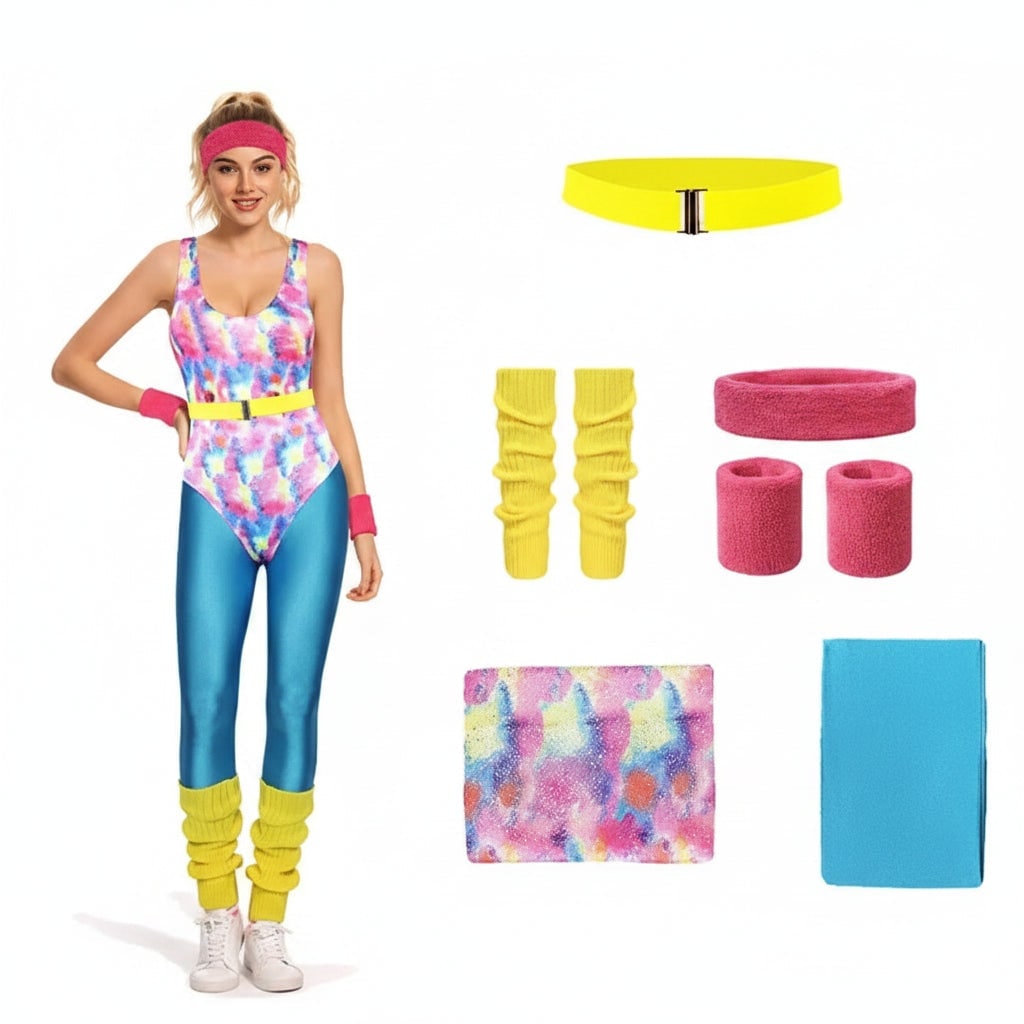 Thermabuild | Girls' Halloween 80s Costume Party Outfit Workout Aerobics Leotard Leggings Leg Warmers Set