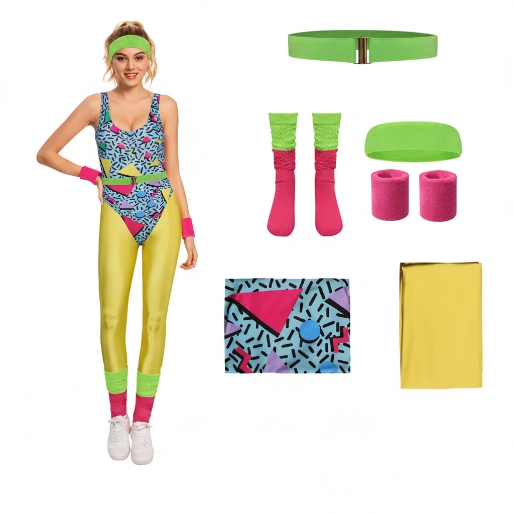 Thermabuild | Girls' Halloween 80s Costume Party Outfit Workout Aerobics Leotard Leggings Leg Warmers Set