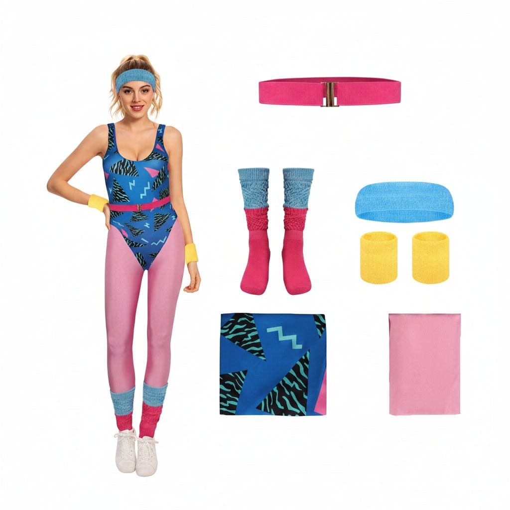 Thermabuild | Girls' Halloween 80s Costume Party Outfit Workout Aerobics Leotard Leggings Leg Warmers Set