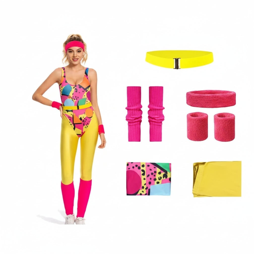 Thermabuild | Girls' Halloween 80s Costume Party Outfit Workout Aerobics Leotard Leggings Leg Warmers Set