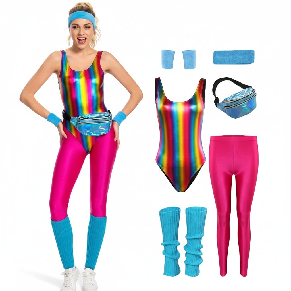 Thermabuild | Girls' Halloween 80s Costume Party Outfit Workout Aerobics Leotard Leggings Leg Warmers Set