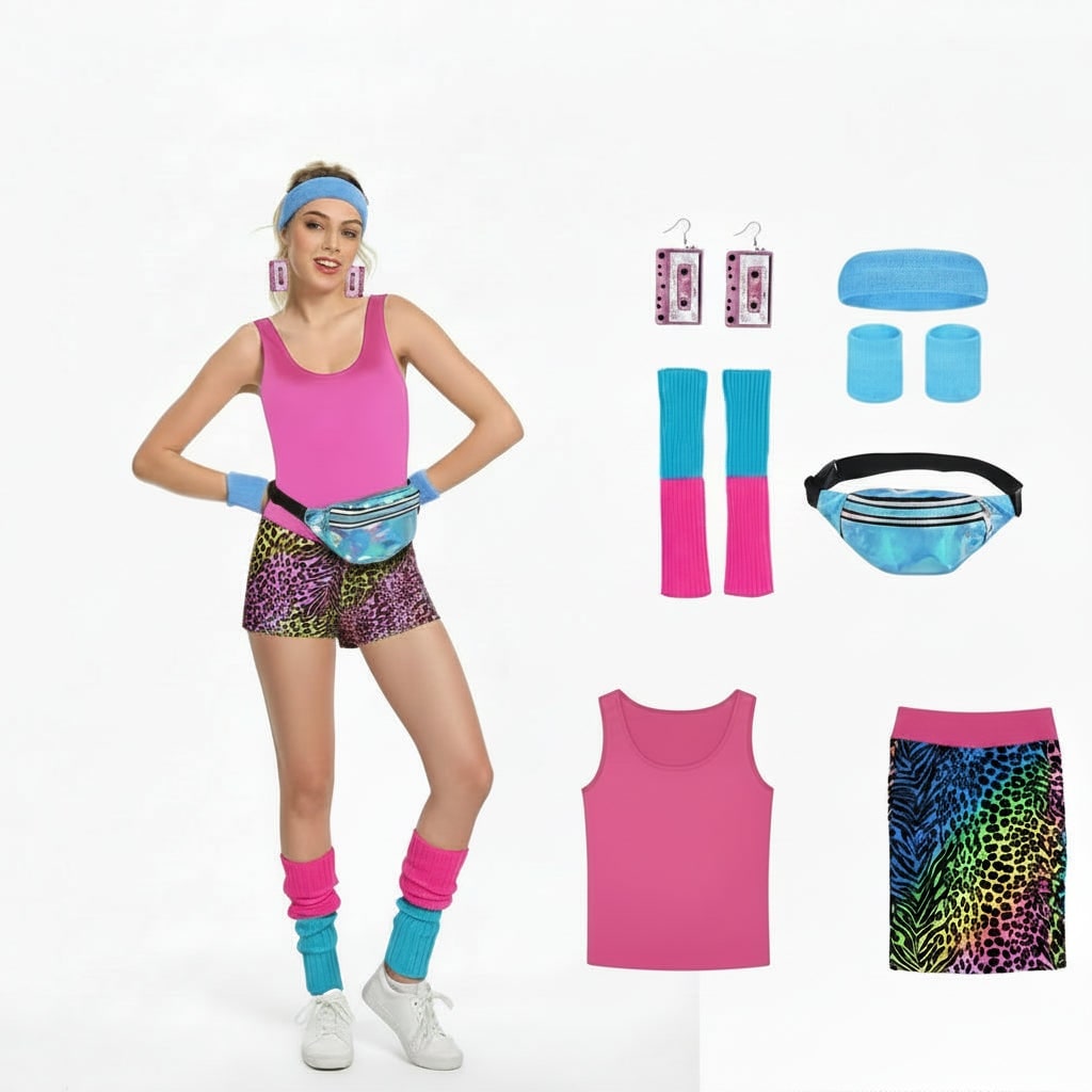 Thermabuild | Girls' Halloween 80s Costume Party Outfit Workout Aerobics Leotard Leggings Leg Warmers Set