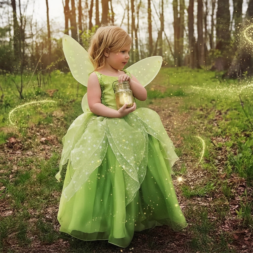 Thermabuild | Girls' Halloween Fairy Costume Dress with Wings Tiara Wand and Gloves for Children's Outfit and Party