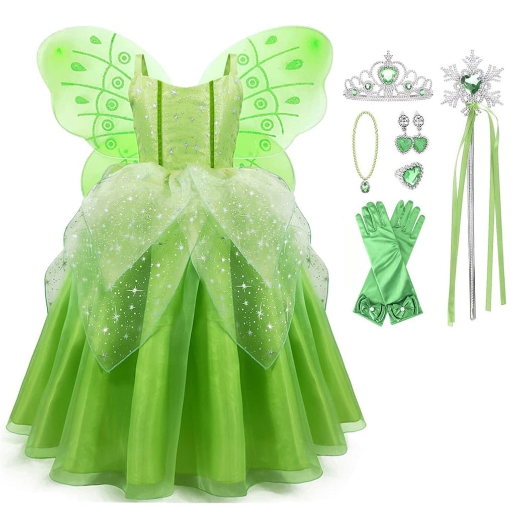 Thermabuild | Girls' Halloween Fairy Costume Dress with Wings Tiara Wand and Gloves for Children's Outfit and Party