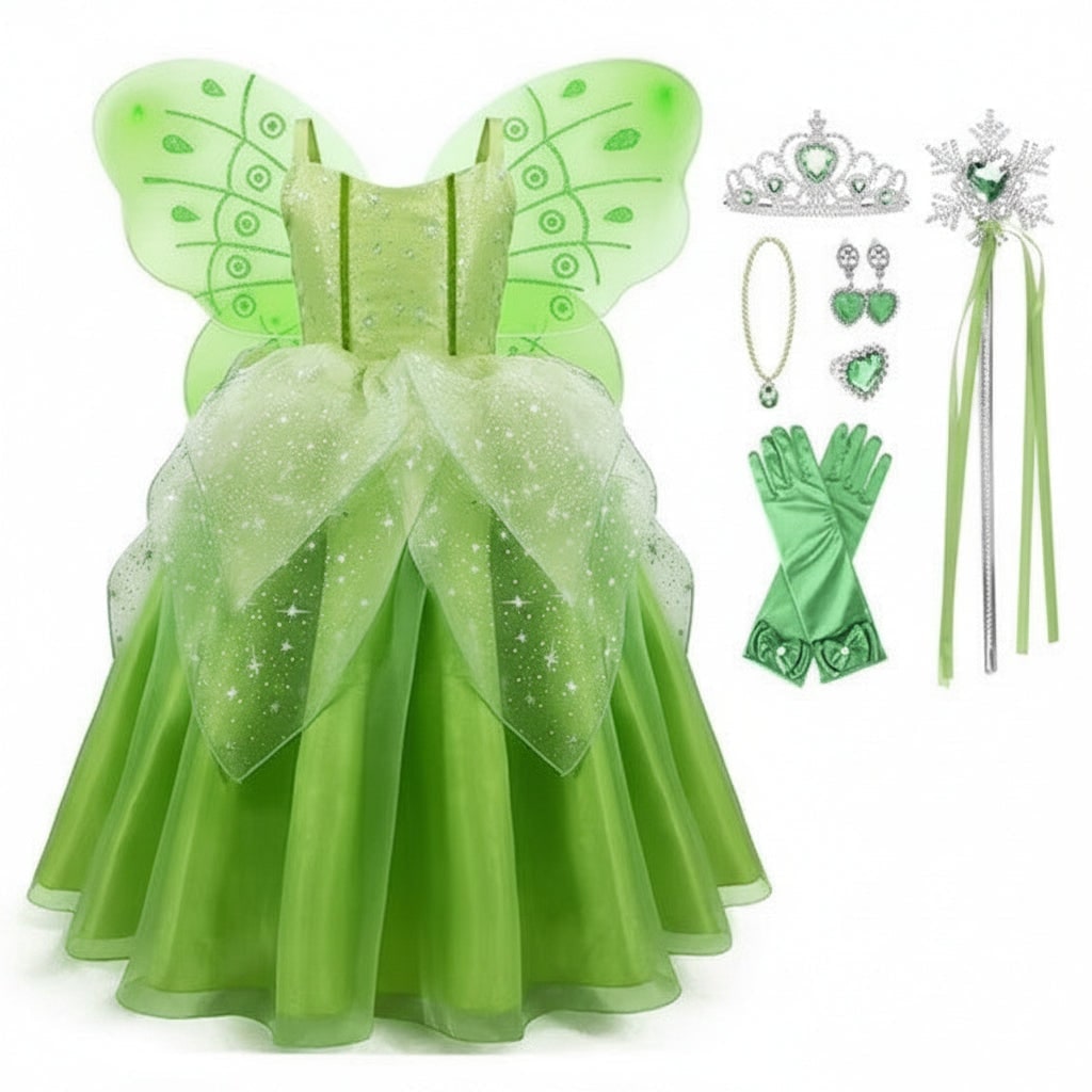 Thermabuild | Girls' Halloween Fairy Costume Dress with Wings Tiara Wand and Gloves for Children's Outfit and Party