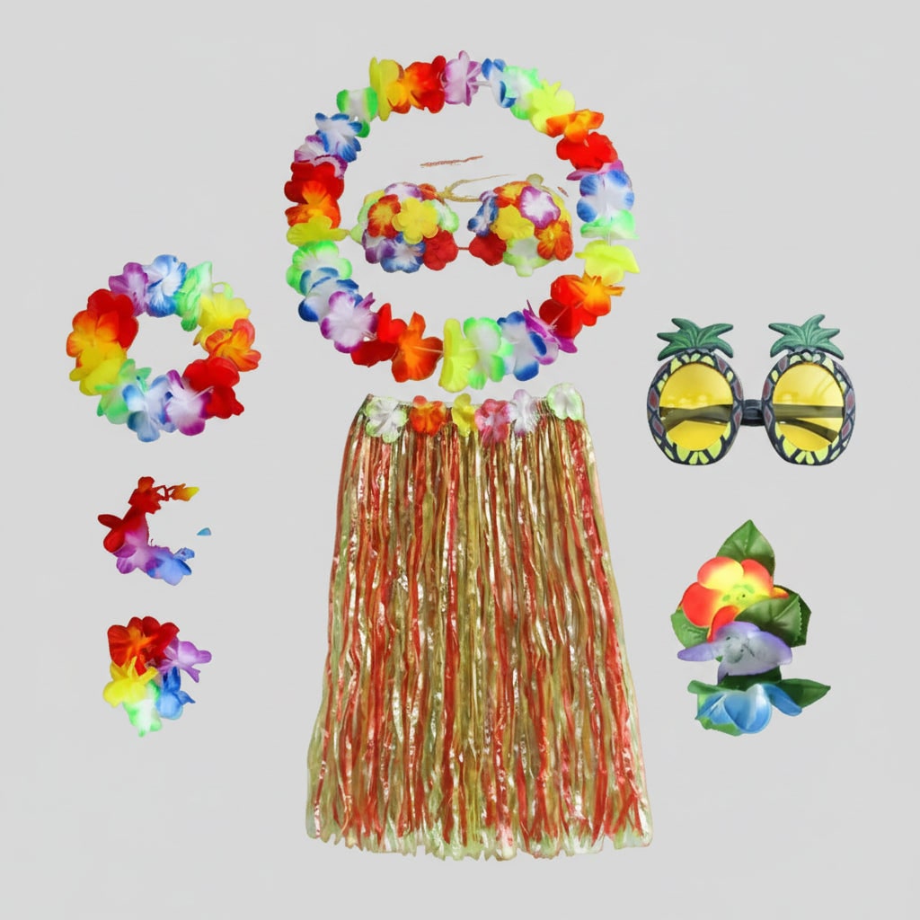Thermabuild | Girls' Halloween Group of Four Hula Skirt Costume Set with Grass Flower Lei Headband and Wristbands