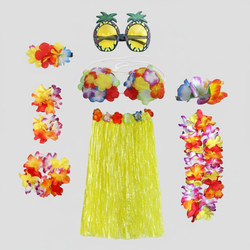 Thermabuild | Girls' Halloween Group of Four Hula Skirt Costume Set with Grass Flower Lei Headband and Wristbands